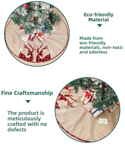 Close-up of linen Christmas tree skirt with buffalo plaid reindeer and embroidery