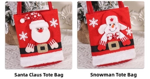 Detailed view of red knitted Christmas tote bags featuring Santa Claus and snowman motifs