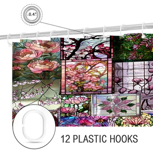 Detail of floral shower curtain featuring reinforced metal grommets and 12 plastic C-hooks