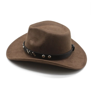 Detail of brown suede cowboy hat featuring black leather band and silver metal rivets