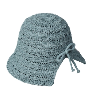 Atmungsaktiver blauer Sonnenhut für Damen mit hohlem Jacquard und Schleifendekor
