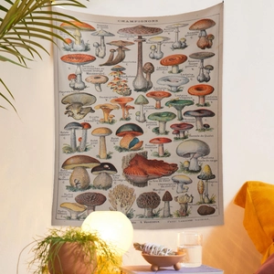 Detailed view of bohemian vintage mushroom scientific illustration tapestry on room wall