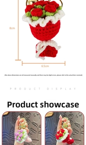 Detail showing 8cm tall handmade crochet flower bouquet keychain with size dimensions