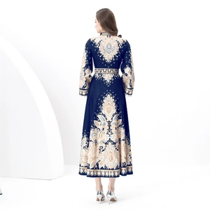 Deep blue court style maxi dress with baroque print and stand collar, back view