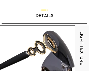 Detailed close-up of golden hollow metal hinge on black rimless Y2K sunglasses