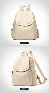 Detalle de la mochila de cuero blanco crema con logo de canguro y bolsillo lateral