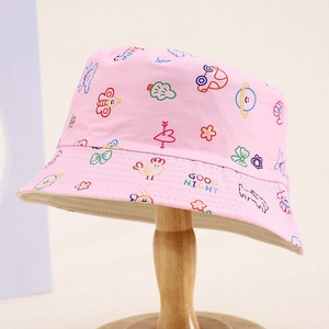 Pink cotton kids bucket hat featuring colorful hand-drawn animal prints and sun protection