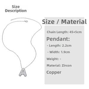 Detail of silver letter A pendant necklace showing full zircon inlay and precise dimensions