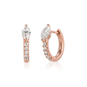 Close-up of rose gold S925 silver marquise and pavé diamond hoop earrings