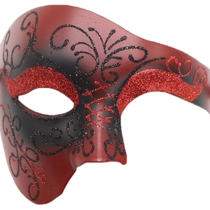 Venetian style half-face phantom mask with red and black glitter patterns for parties