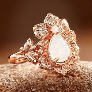 Iris pastoral rose gold ring with pear-cut opal and vintage leaf patterns in baroque style