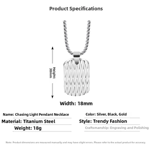 Detail view of steel pendant necklace showing 38mm height and 18mm width dimensions
