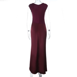 Detail view of the back zipper and satin fabric on this sexy slim burgundy evening gown