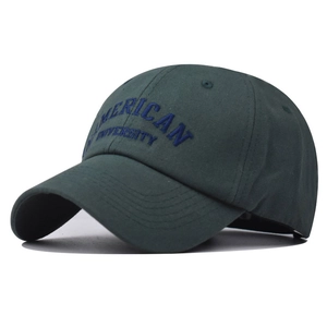 Close-up of American University blue embroidery on dark green cotton baseball cap