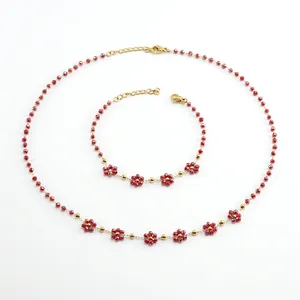 Bohemian Flower Faceted Crystal Beads Necklace Bracelet Stainless Steel 18K Gold Plated Elegant Vintage Jewelry For Women