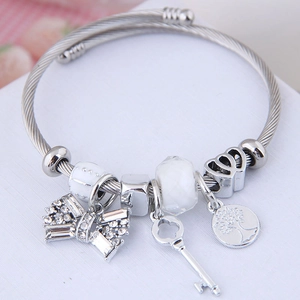Silver tree of life charm bracelet with crystal bow and key pendants for women