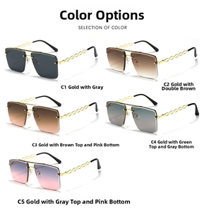 Detail view of five rimless square sunglasses with gold chain temples and gradient lenses