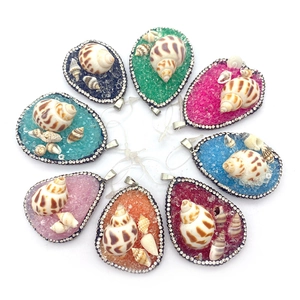 Teardrop natural shell pendants with resin inlay and crystal borders in 8 vibrant colors