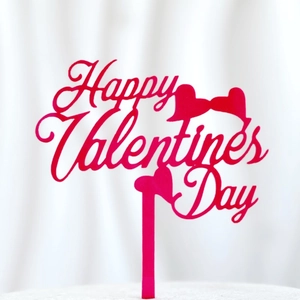 Red Happy Valentine's Day acrylic cake topper with double hearts for romantic celebration