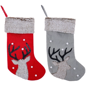 Red and grey plush Christmas stockings with cute reindeer appliqués and fur trim