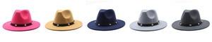 Flat lay of fedora hats in five colors featuring black bands and gold metal ornaments