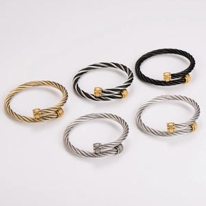 Minimalist stainless steel cable wire bracelets in assorted metallic finishes for men and women