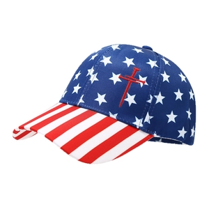 American flag style baseball cap with star patterns and red white striped brim design