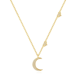 Elegant gold S925 silver necklace with moon and star pendants inlaid with white zircon