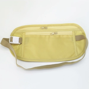 Beige nylon anti-theft waist bag with two zip pockets and adjustable strap