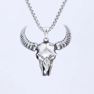 Gothic satanic ram head skull pendant necklace in vintage silver stainless steel finish