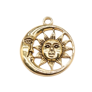 Golden celestial sun and moon face circle pendant in zinc alloy with top ring link