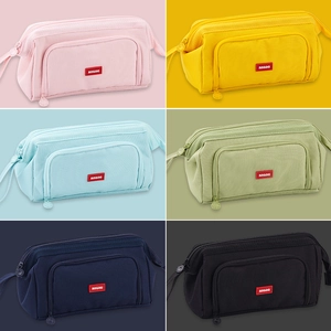 Large capacity canvas pencil case with double zippers in six various colors
