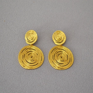 Retro brass gold plated earrings with spiral record design and 925 silver needles