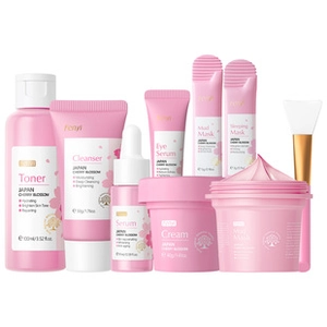 Complete Fenyi cherry blossom skincare set including toner, cleanser, and mud masks