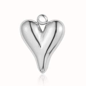 Polished heart-shaped stainless steel pendant with silver finish on white background