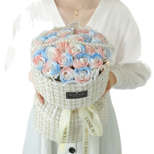 Soap rose bouquet in blue and pink gradient with pearl chain and tweed fabric wrap