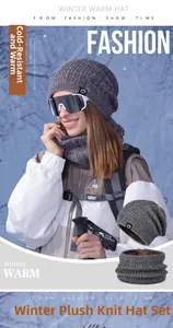 Detail of grey winter knit hat and neck gaiter with thick fleece lining for warmth