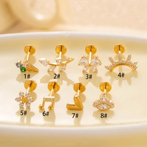 F136 titanium gold piercing studs set with zirconia heart, butterfly and crown shapes