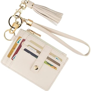 Women PU Leather Card Holder Slim Keychain Wallet With Detachable Tassel Wristlet Litchi Grain