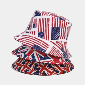 Fashionable reversible bucket hats with vintage US and UK flag prints in durable cotton