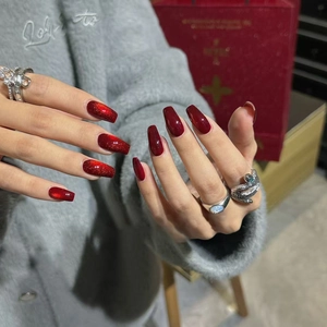 Dark Red Cat Eye Press On Nails Magnetic Long Coffin Trapezoidal Artificial Detachable Fake Nails Elegant Manicure For Women