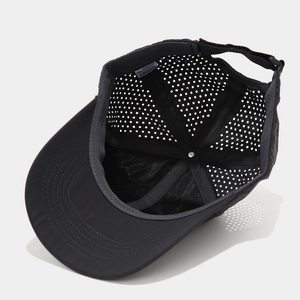 Detailed close-up of quick-dry baseball cap with perforated mesh for breathability