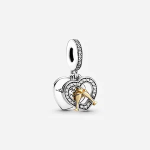 Double-layer heart anniversary charm with golden wine glass and sparkling zircons