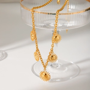 Gold stainless steel sun face charm necklace with O-chain and lobster clasp for women