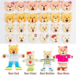 Wooden magnetic family bear dress-up puzzle with 24 facial expressions for kids