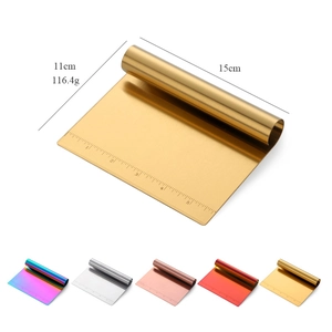 Stainless steel dough scraper with measurements and five optional colors including gold