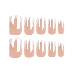 Detail view of 10 short square French tip press-on nails in nude pink and white