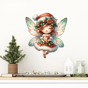 Christmas fairy wall decal with Santa hat and gift for festive living room decoration