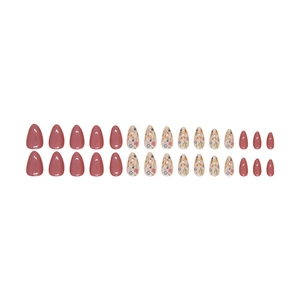 Short almond press-on nails with floral patterns and solid dusty pink finish