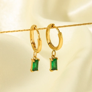 Boucles D'oreilles Créoles Pour Femmes Plaqué Or 18K Acier Inoxydable Pendentif Zircon Vert Rectangulaire Vintage